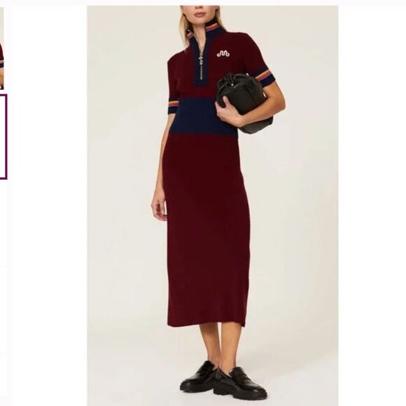 $1250 Marina Moscone Cycling Wool Dress Turtleneck Sweater M Red Burgundy Blue - Picture 2 of 12